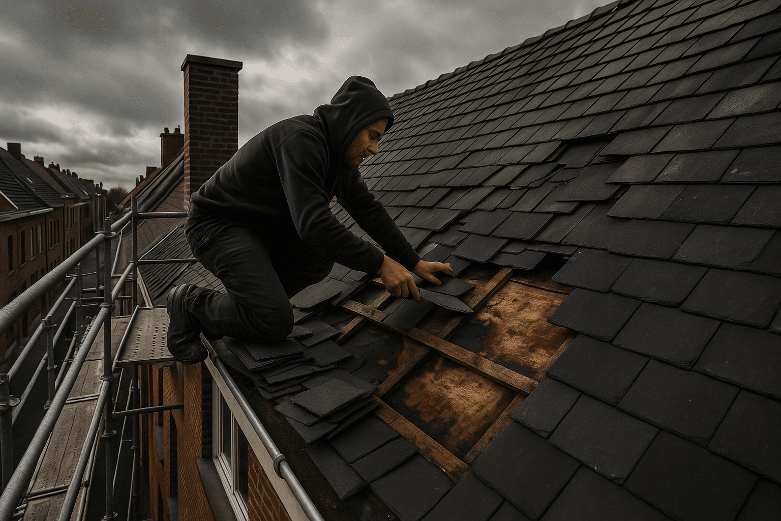 Professionele dakwerker herstelt leien dak op Belgische rijwoning